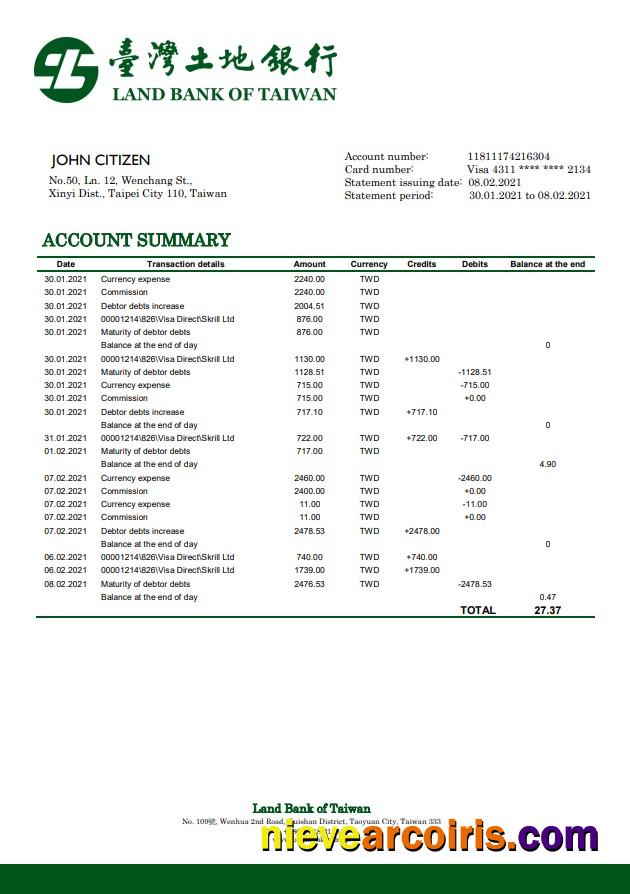 Taiwan Land Bank of Taiwan bank statement in Word and PDF format